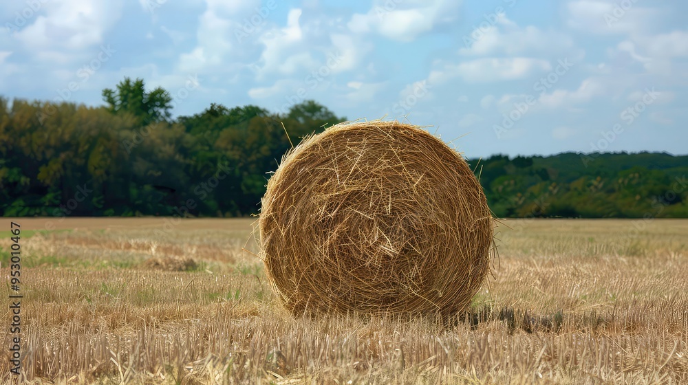 Poster a single round bale of hay sits in a field of cut grass against a backdrop of a forest and a partly 