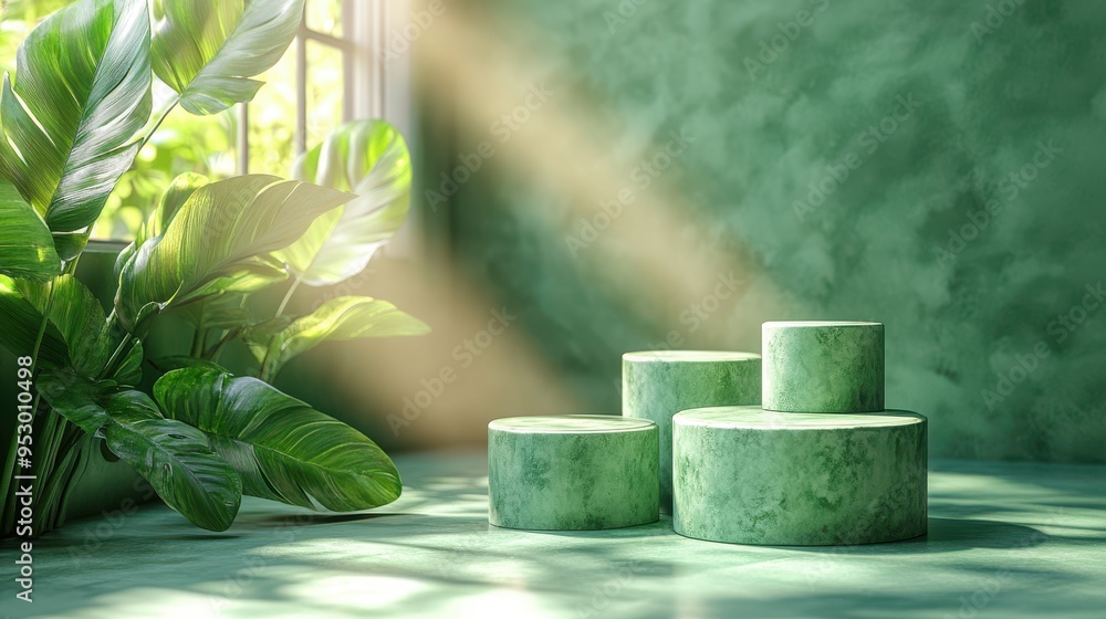 Poster 3d render of abstract terracotta background with empty green cylinder podiums for product presentati