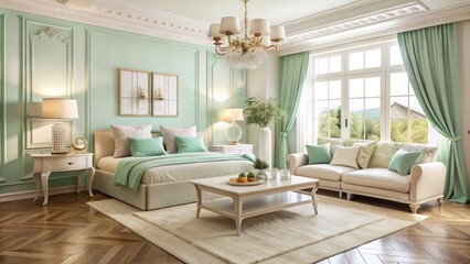 Fototapeta premium Serenity and sophistication emanate from a harmonious blend of modern and traditional styles, where creamy white, warm beige, and minty freshness converge seamlessly.