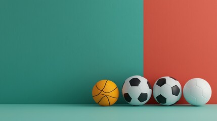 Growth chart, sports theme, soccer, basketball, and football, 3D illustration