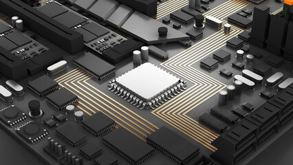 Image of the central processing unit,working processing technology,computer technology in the workplace,Conceptual CPU on circuit board,3d rendering
