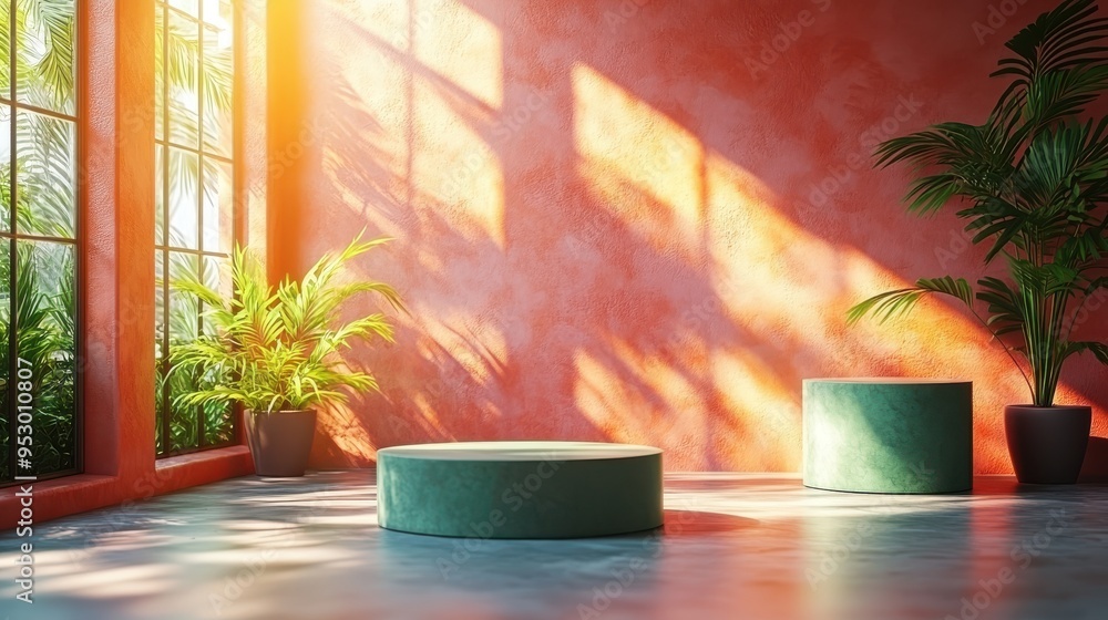 Aufkleber 3d render of abstract terracotta background with empty green cylinder podiums for product presentati