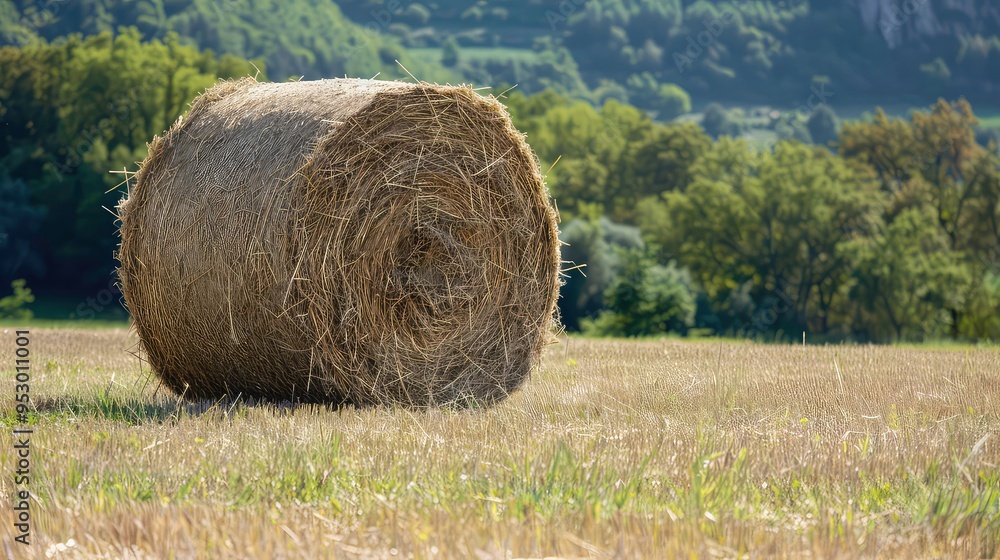 Poster a single round hay bale in a field of grass with a blurry green background of trees in the distance.