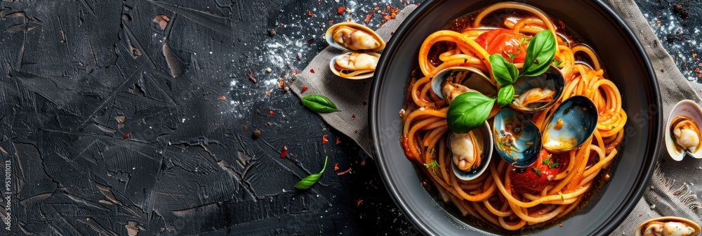 Poster bird's-eye view of spaghetti with clams and tomatoes served in a modern bowl, featuring empty space 