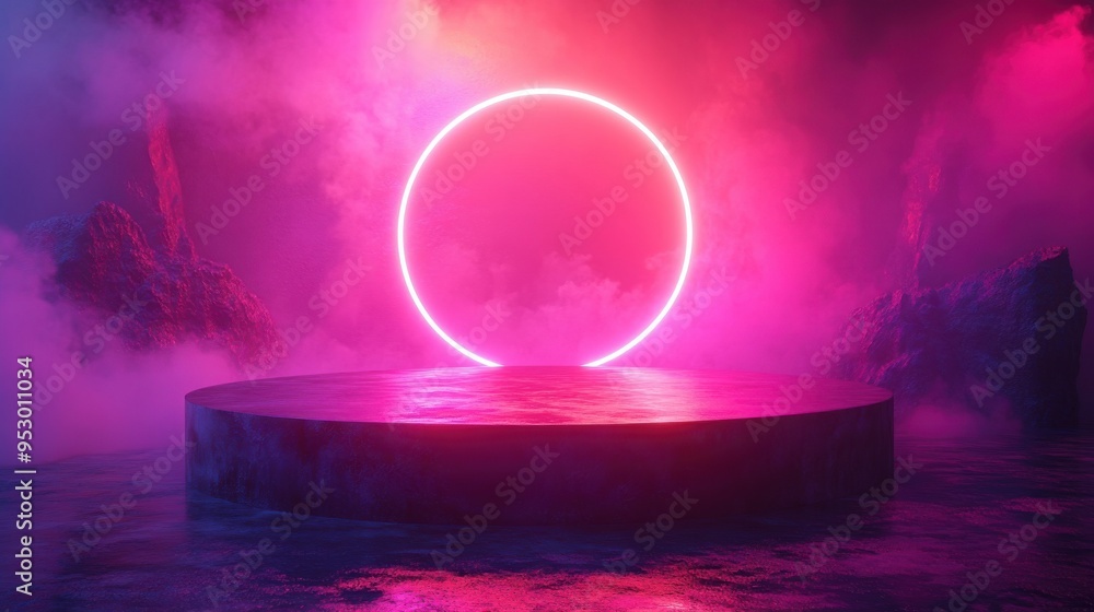 Aufkleber 3d render of an abstract trendy background featuring a glowing blue neon ring above an empty cylinde