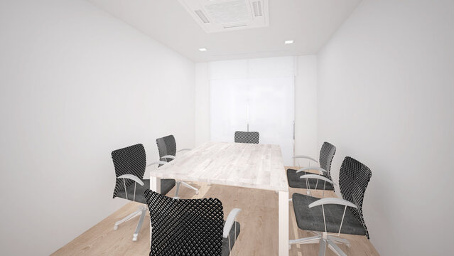 A small meeting room for 6 seats in an office building., 3d rendering