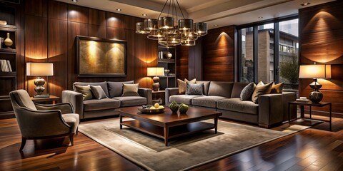Sleek furniture silhouettes meet rich wood tones, plush textures, and dramatic lighting, blending curves and shapes.