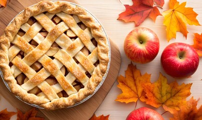 apple pie surrounded by apples and autumn leaves, Generative AI