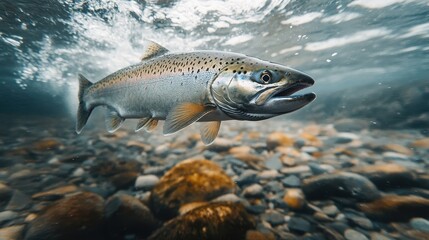 Underwater perspective of salmon leaping over a shallow river