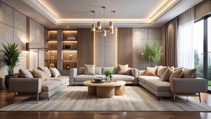 Fototapeta premium Sleek lines, clean shapes, and muted tones merge in a spacious room, illuminated by soft lighting, evoking serenity and understated luxury.
