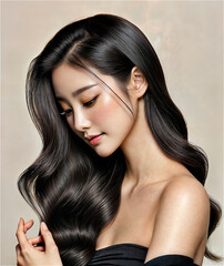 Fototapeta premium A young woman with sleek, luxurious black hair, styled in soft waves, looking downward with a serene expression. Her smooth, glowing skin and poised demeanor create an image of elegance and beauty, id