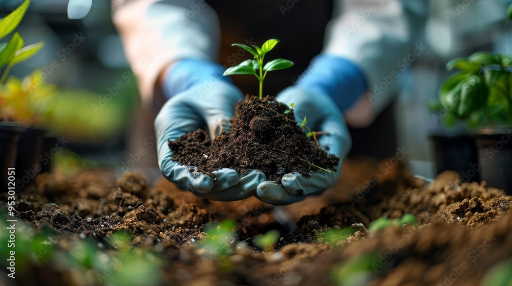 Poster scientists in a lab analyzing soil samples and developing new agricultural technologies