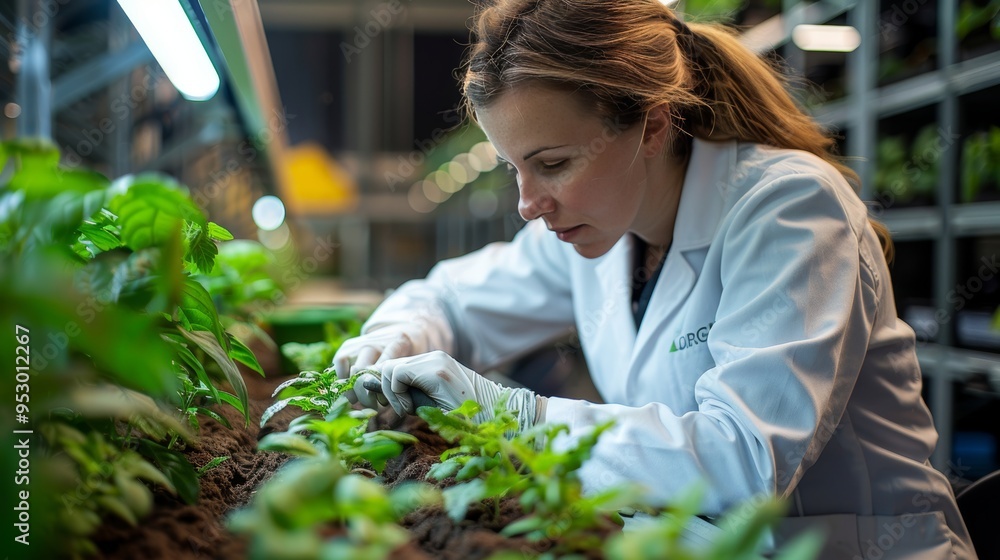 Poster scientists in a lab analyzing soil samples and developing new agricultural technologies