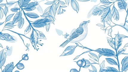 Blue hand-drawn lines of birds and plants, elegant and delicate, 
