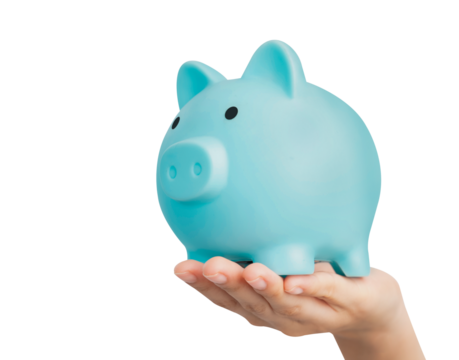 Hand holding blue piggy bank for saving money on white background. - Powered by Adobe