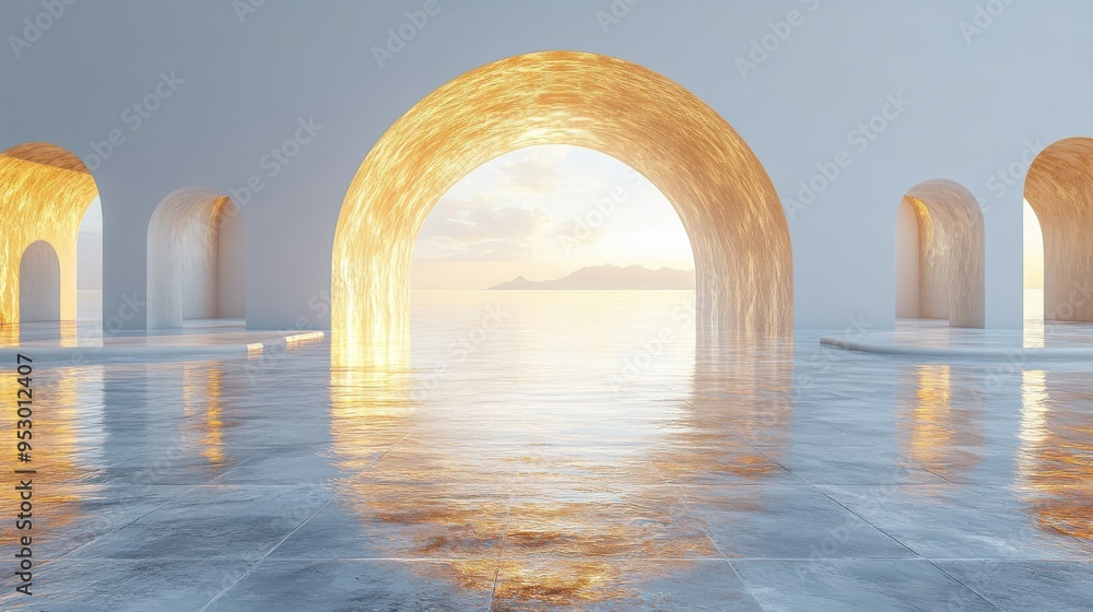 Poster 3d render of a modern minimal showcase with an abstract trendy background featuring golden arch cobb