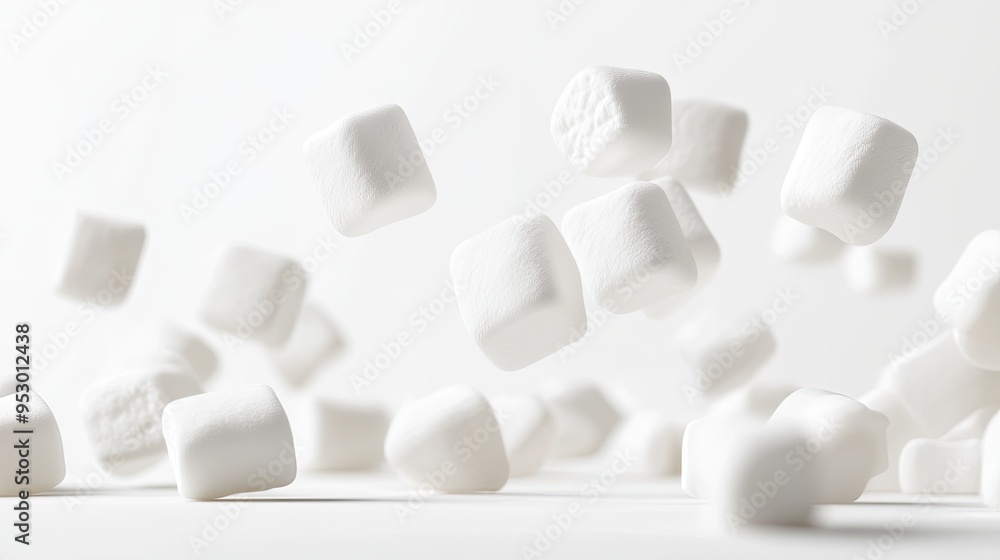 Poster a dynamic display of flying white marshmallows against a light background.