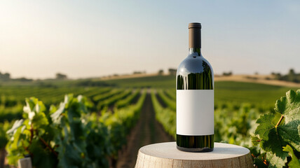 Fototapeta premium A luxury wine bottle stands elegantly on wooden stump, surrounded by lush vineyards under clear sky. serene landscape evokes sense of tranquility and sophistication.