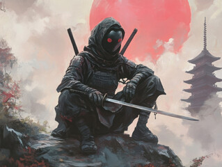ninja warrior samurai assassin fantasy silhouette armor sword dark mysterious asian culture hero action hero pose historical traditional martial arts red sun 