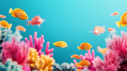 Underwater animals, colorful fish and coral, tropical reef, 3D illustration