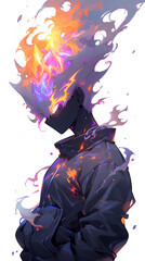 Obraz premium burning helmet character on his head.anime style, white background