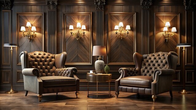 Soft, ethereal lighting illuminates plush armchairs, set against rich wood, with subtle gold accents and ornate bronze hardware, evoking refined sophistication and exclusivity.