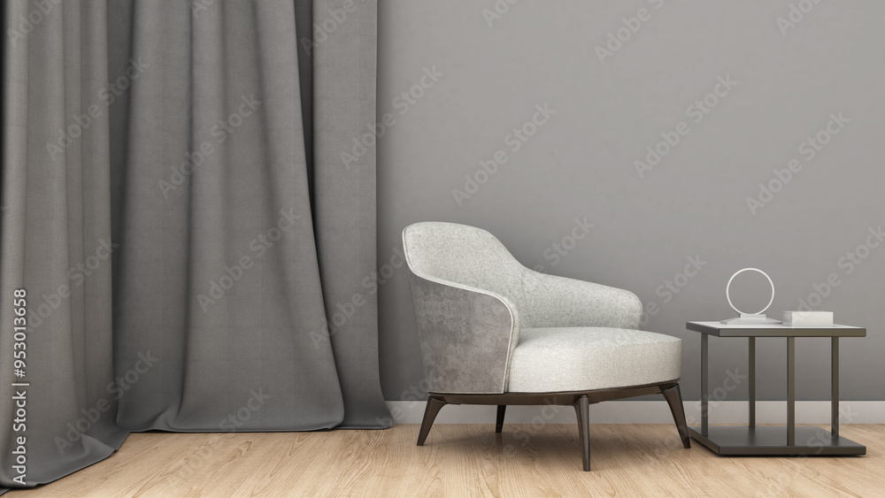 Poster gray wall with wooden floor and armchair.,a mockup for inserting text or images.,3d rendering