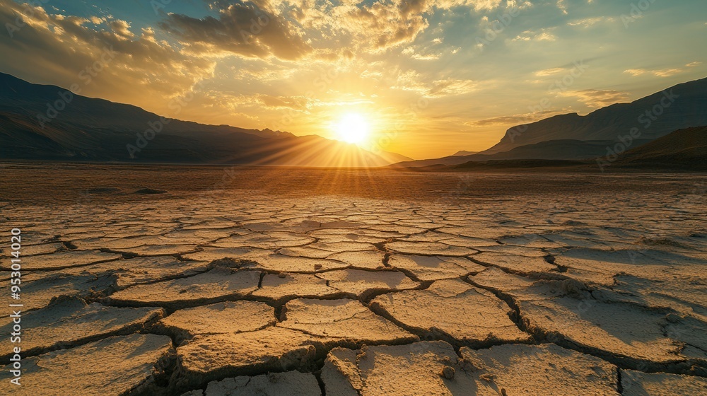 Aufkleber the sun sets over a cracked desert landscape, showcasing the devastating effects of climate change a