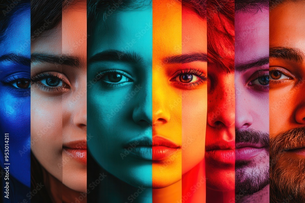 Poster faces of diverse individuals are visually separated by a barrier, highlighting themes of division an