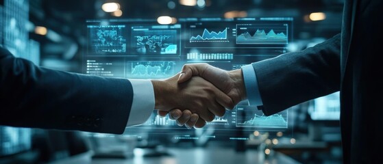 Business handshake in an office with holographic charts and graphs, sleek and innovative business environment
