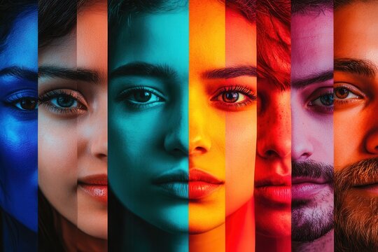 Faces of diverse individuals are visually separated by a barrier, highlighting themes of division and bias with vibrant contrasts. Generative AI