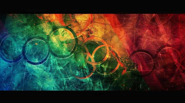 hypnotic centered olympic rings , Paris, light, noise, love, ecology, symbol, illustration style, 