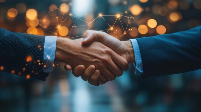 Business handshake with a focus on the connection, background of blurred financial data, highstakes deal