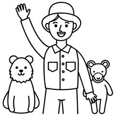 Line art of a zookeeper waving goodbye as the zoo animals wave back."
