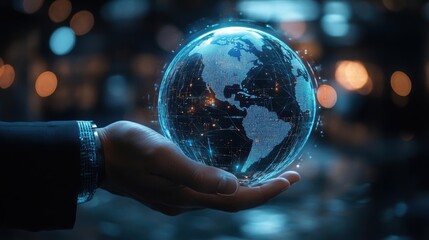 Fototapeta premium Handshake in an office with a futuristic, holographic globe, representing global business, hightech design