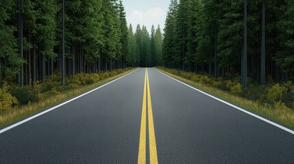 Fototapeta premium A straight, empty road with bright yellow divider lines runs through a dense forest of tall green trees, evoking a sense of travel and adventure.