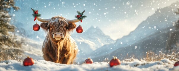 Festive Highland Cow Adorned with Ornaments in Snow-Covered Highland Landscape.