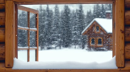 View from a wooden cabin window showing snow falling outside, with a snow-covered log cabin and pine trees in the background.