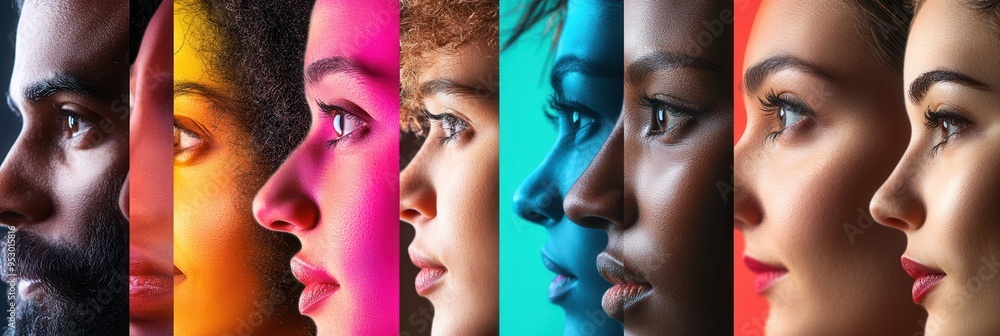 Leinwandbilder Faces of diverse individuals are separated by a striking line, highlighting differences and bias through vibrant color contrasts. Generative AI