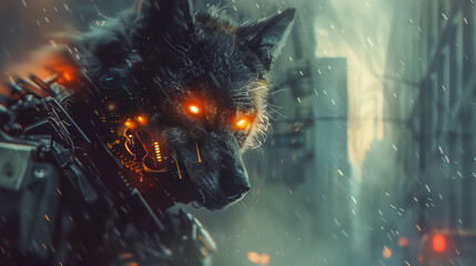 Obraz premium Robotic werewolf prowling a dark alley under neon lights at night