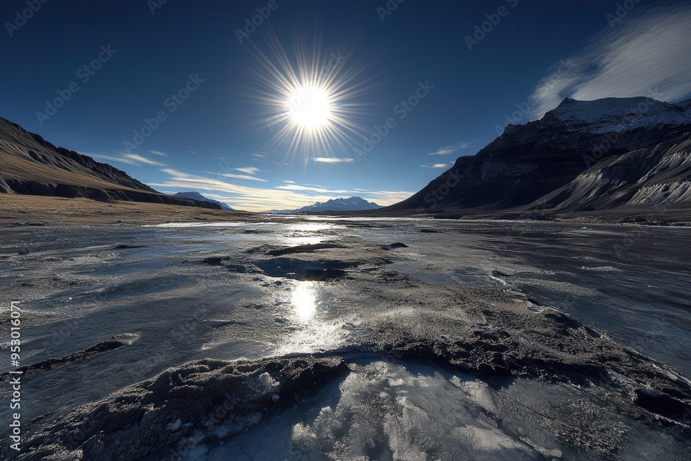 Aufkleber the sunlight intensifies over a desolate land marked by melting glaciers, illustrating the stark eff