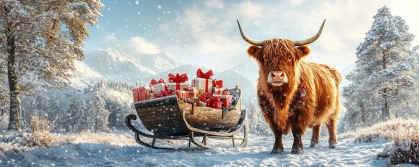 Festive Highland Cow with Christmas Sleigh in Snowy Landscape