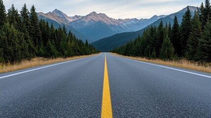 Fototapeta premium A straight highway stretches through a forest towards distant mountains, offering a breathtaking view of nature and adventure in the wilderness.