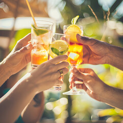 Hands of a group of friends toasting with cocktails at a summer party