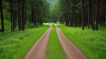 Obraz premium A winding dirt road cutting through a dense, green pine forest, creating a tranquil natural landscape ideal for outdoor exploration and nature walks.