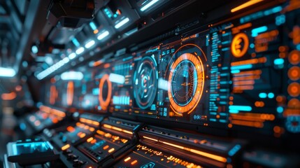 Obraz premium Futuristic AI robot using a large touchscreen monitor to analyze data in a high-tech lab