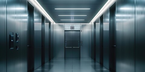Contemporary metallic elevator featuring a digital display in a tall hotel office structure moving down from the eighteenth level, equipped with advanced metal buttons within a cutting-edge office