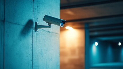 Surveillance camera mounted on concrete wall in dimly lit parking area, providing security and monitoring. blue and warm lighting creates modern atmosphere.