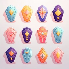A set of colorful shields with various designs and patterns