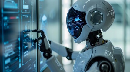 Humanoid robot with advanced AI technology working on a touchscreen desktop computer